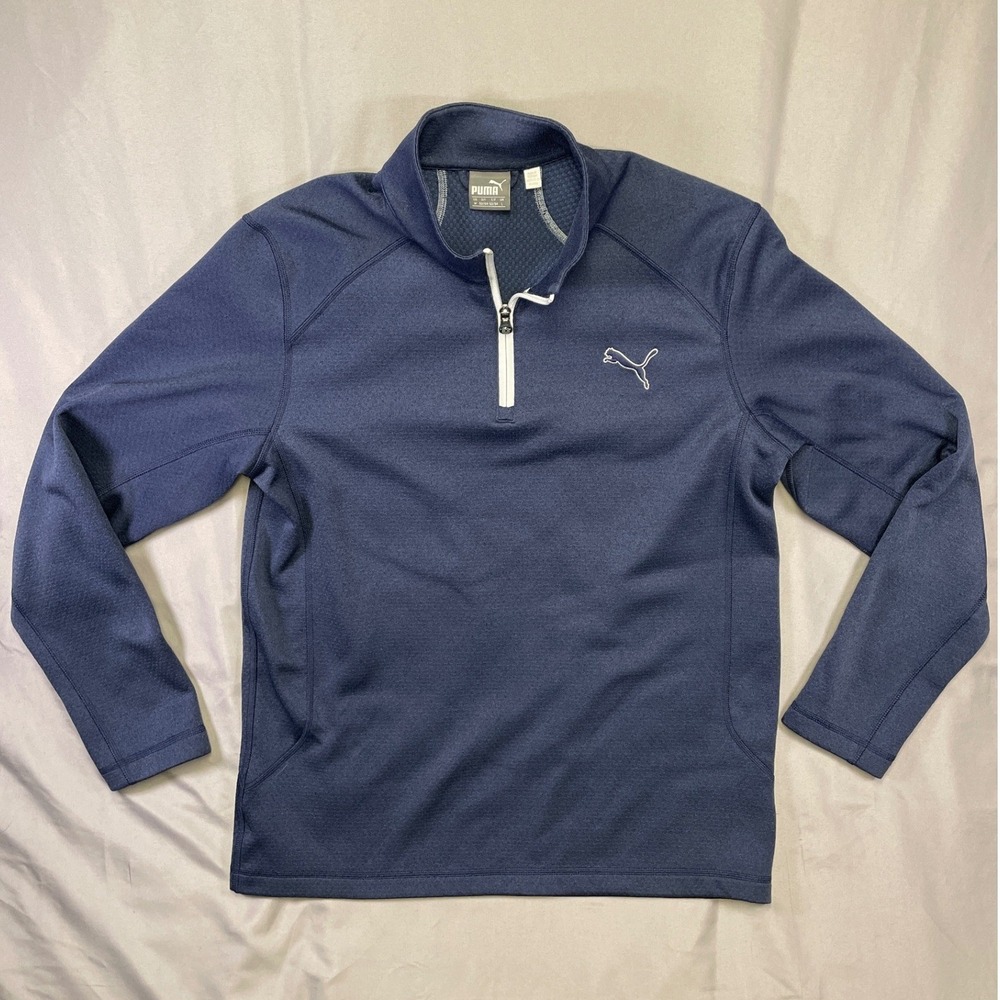 Puma Mens 1/4 Zip Pullover Golf Sweater Navy Blue Heather Textured Knit Size M‎